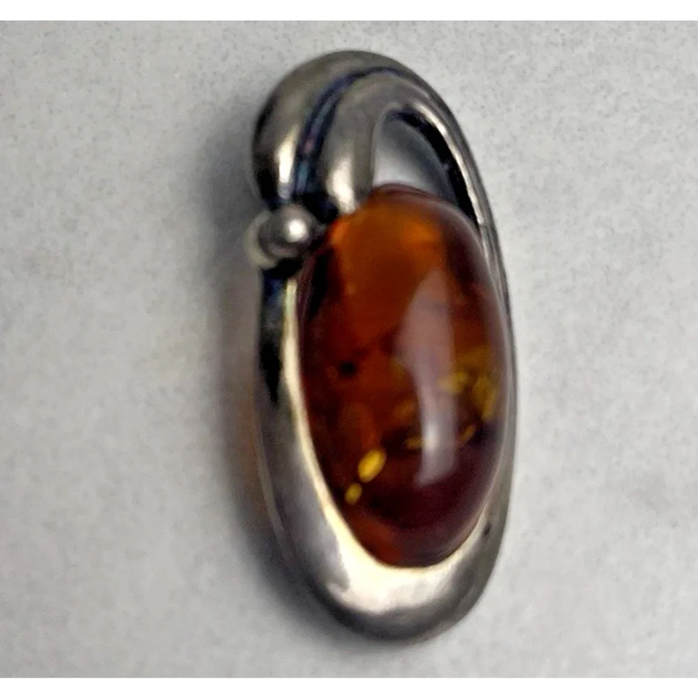 Vintage Genuine Amber Sterling Silver 925 Oval Brooch Pin Classic Estate Jewelry